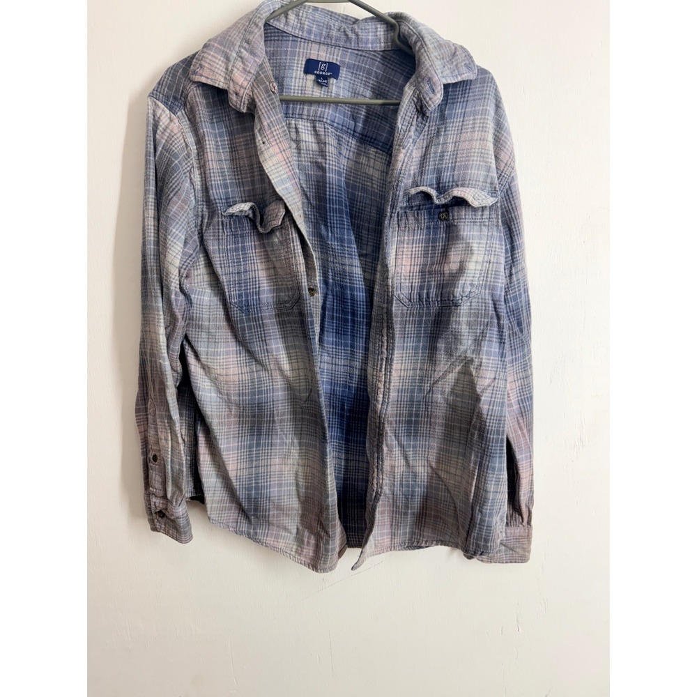 George Mens Blue Plaid Flannel Shirt Long Sleeve Button Down Size L 42-44